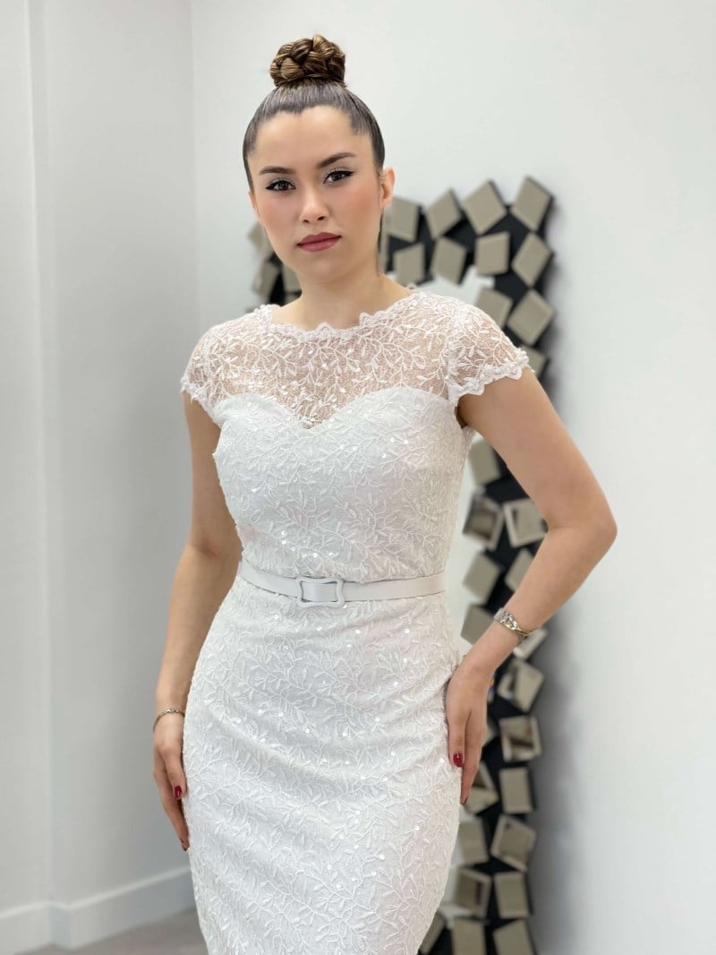 Full Güpür İnci ve Payet Detaylı Elbise - BEYAZ