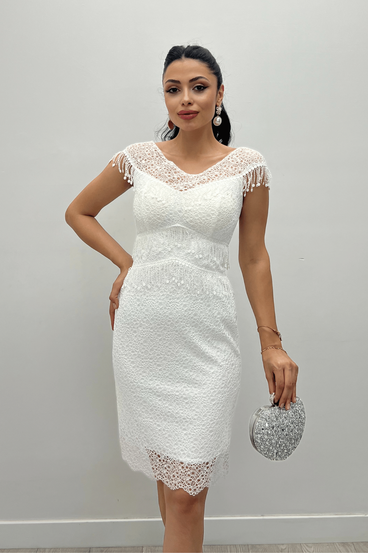 Full Guipure Shoulder Detailed Pencil Dress White