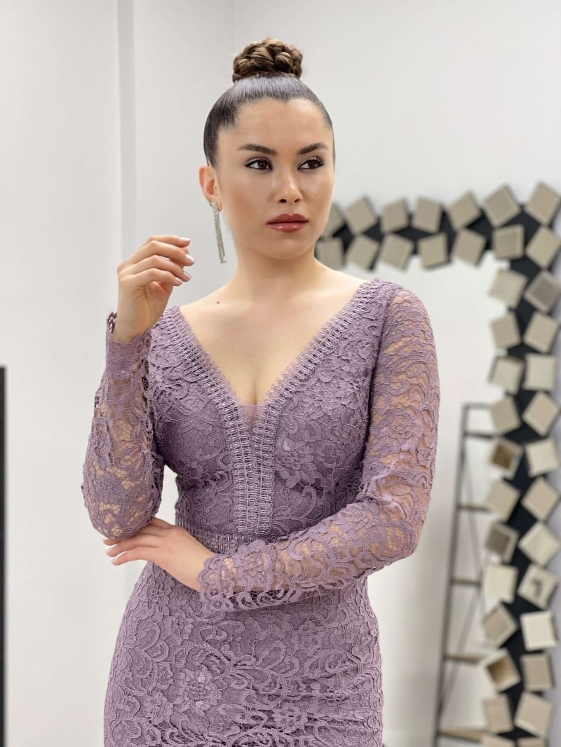 Full Güpür Volan Detaylı Elbise - GÜL KURUSU