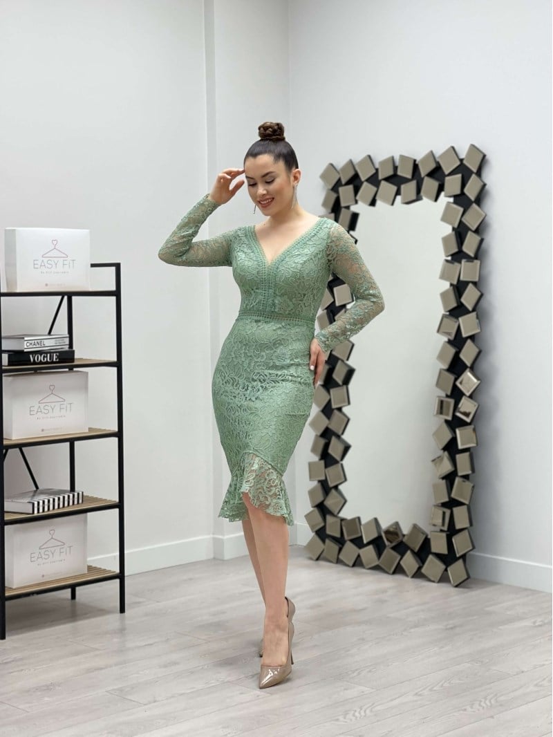 Full Güpür Volan Detaylı Elbise - MİNT YEŞİL