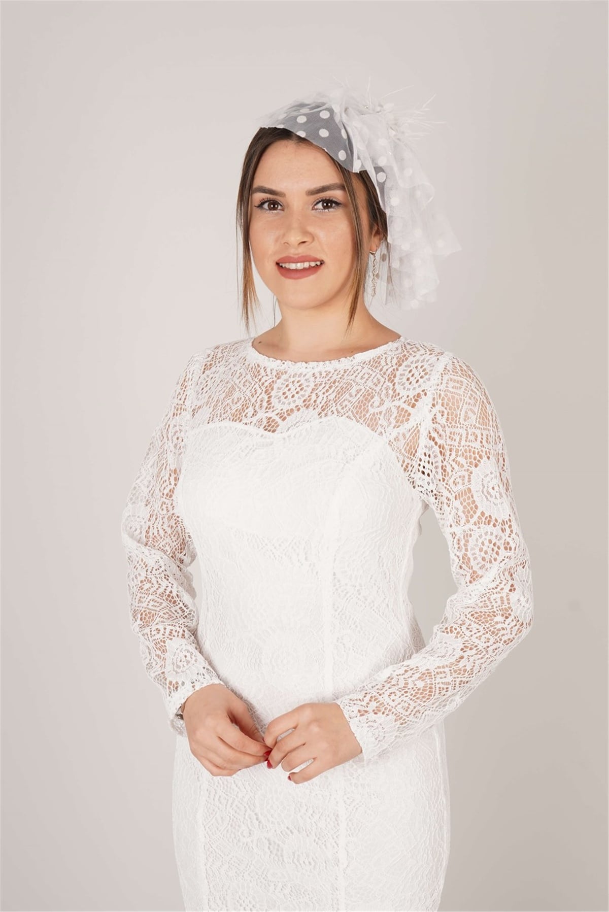 Güpür Dantel Kalp Yaka Elbise - Beyaz