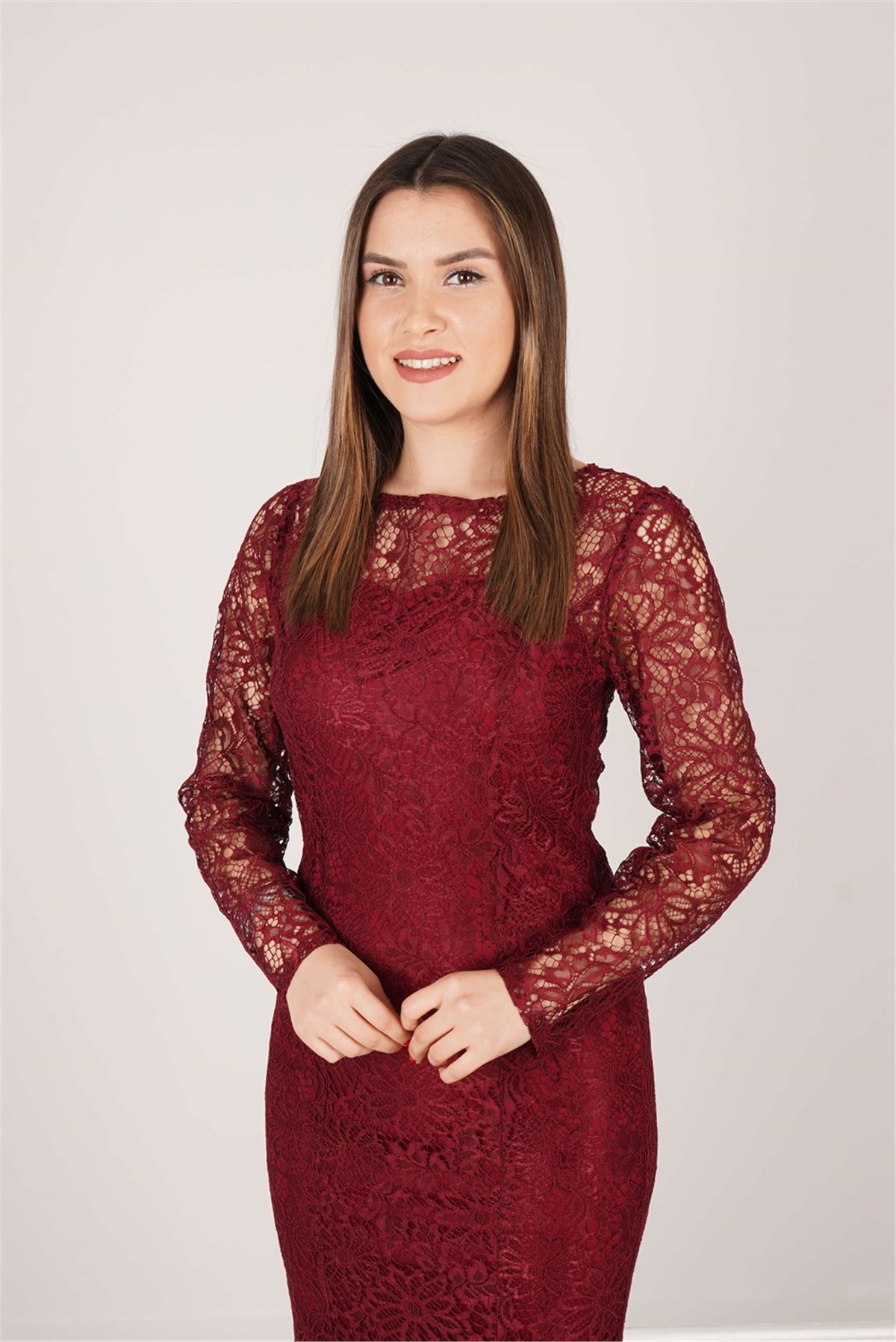 Güpür Dantel Kalp Yaka Elbise - Bordo