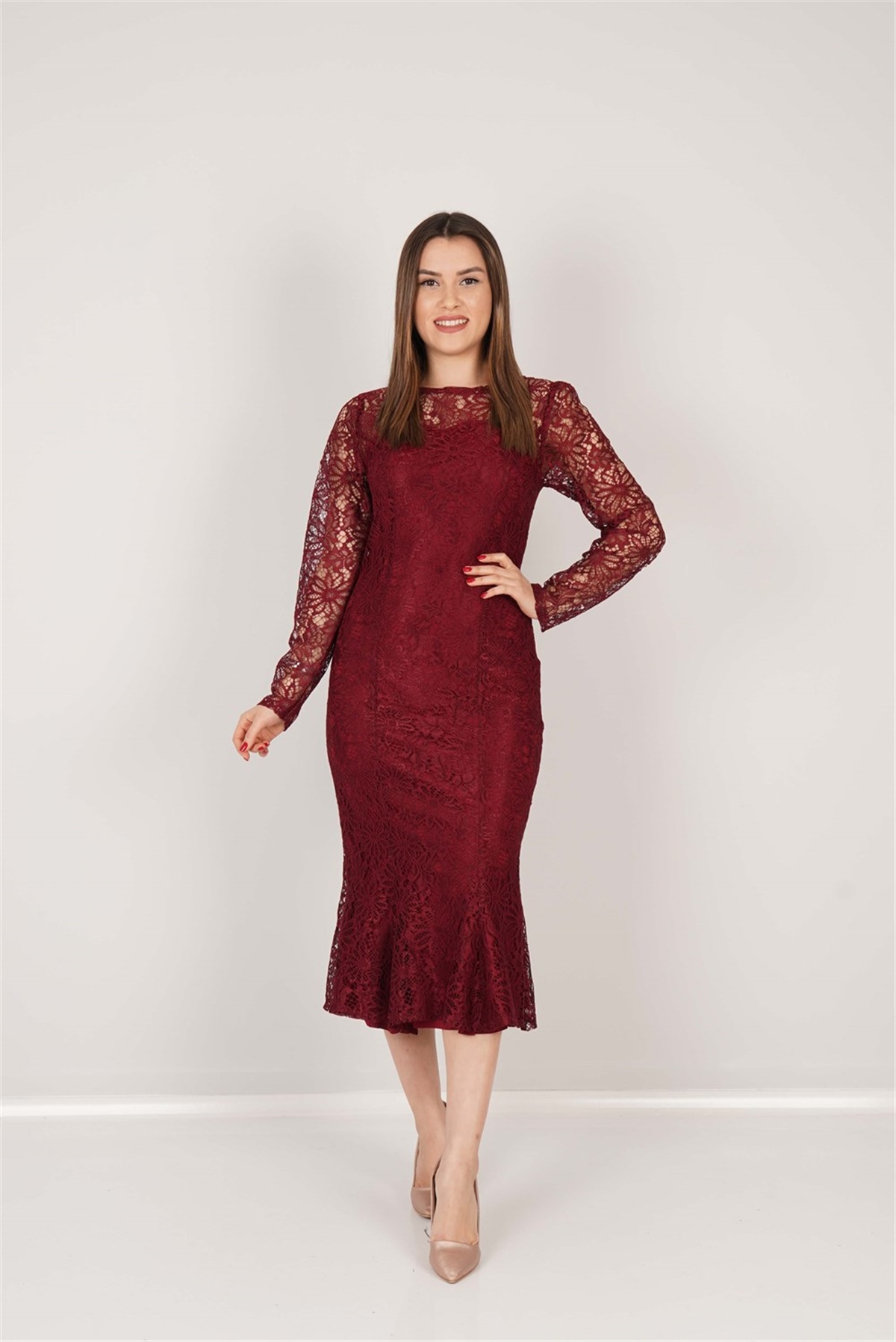 Güpür Dantel Kalp Yaka Elbise - Bordo