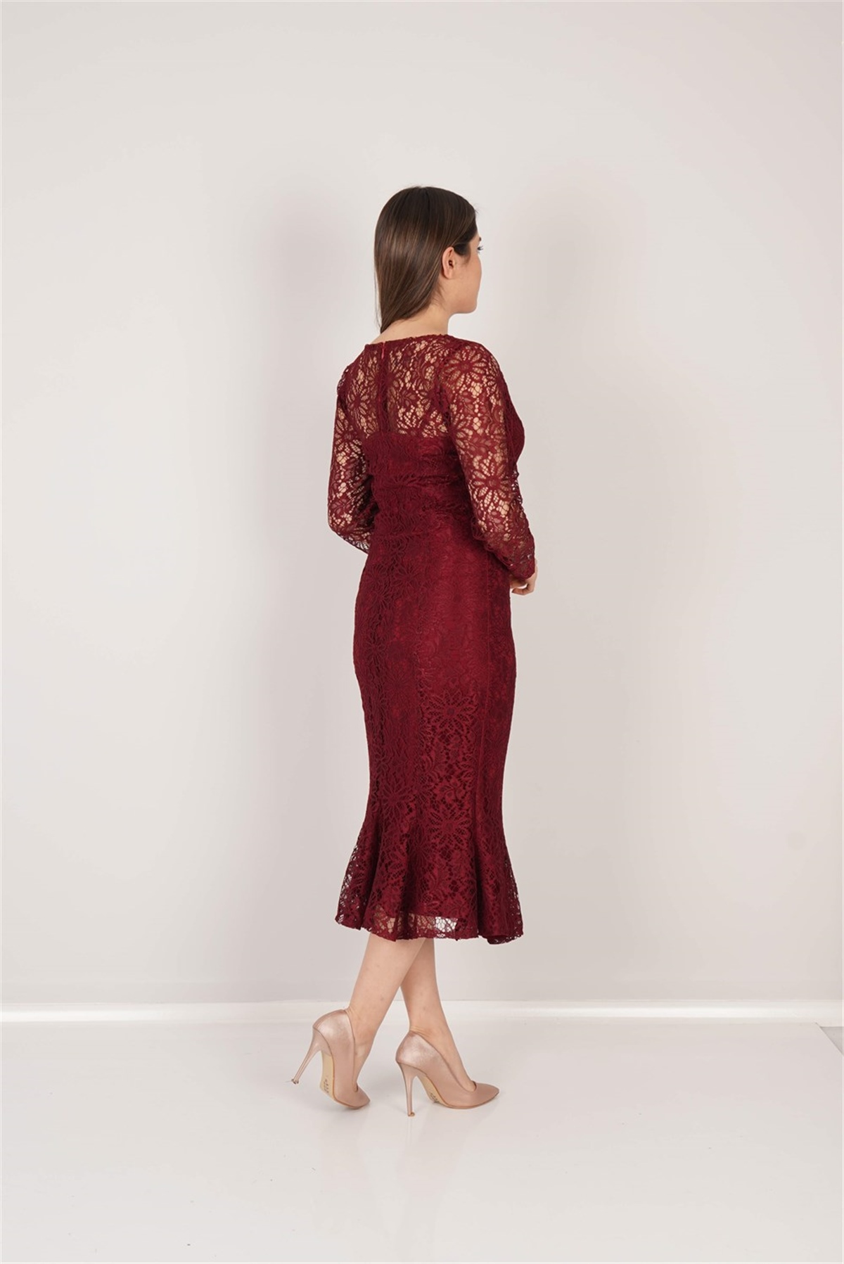 Güpür Dantel Kalp Yaka Elbise - Bordo
