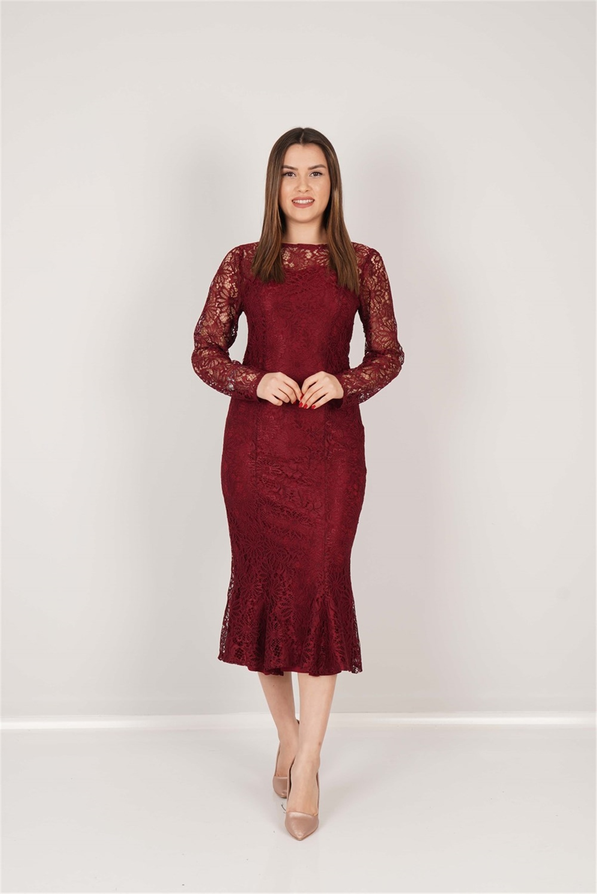 Güpür Dantel Kalp Yaka Elbise - Bordo