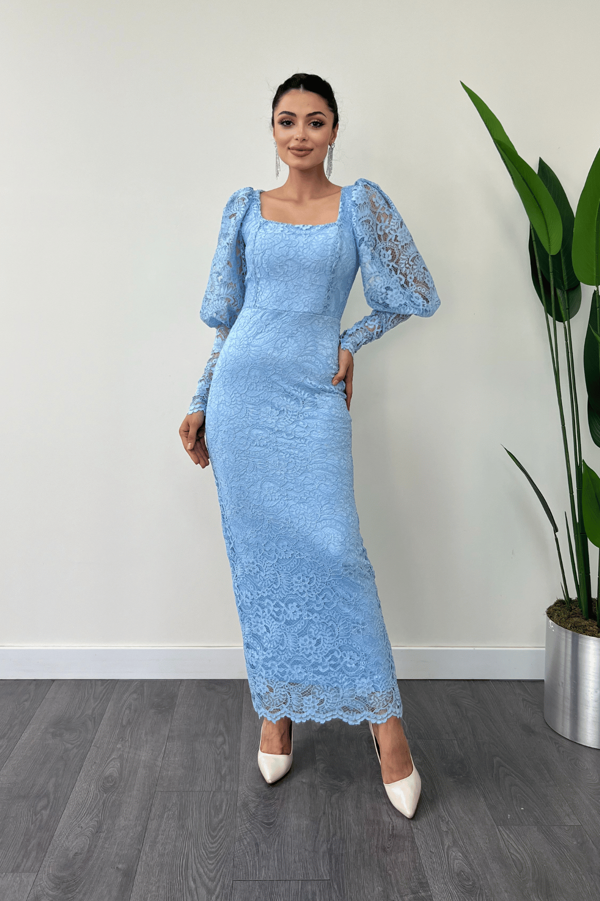 Güpür Dantel Kumaş Balon Kol Kalem Elbise - BUZ MAVİ