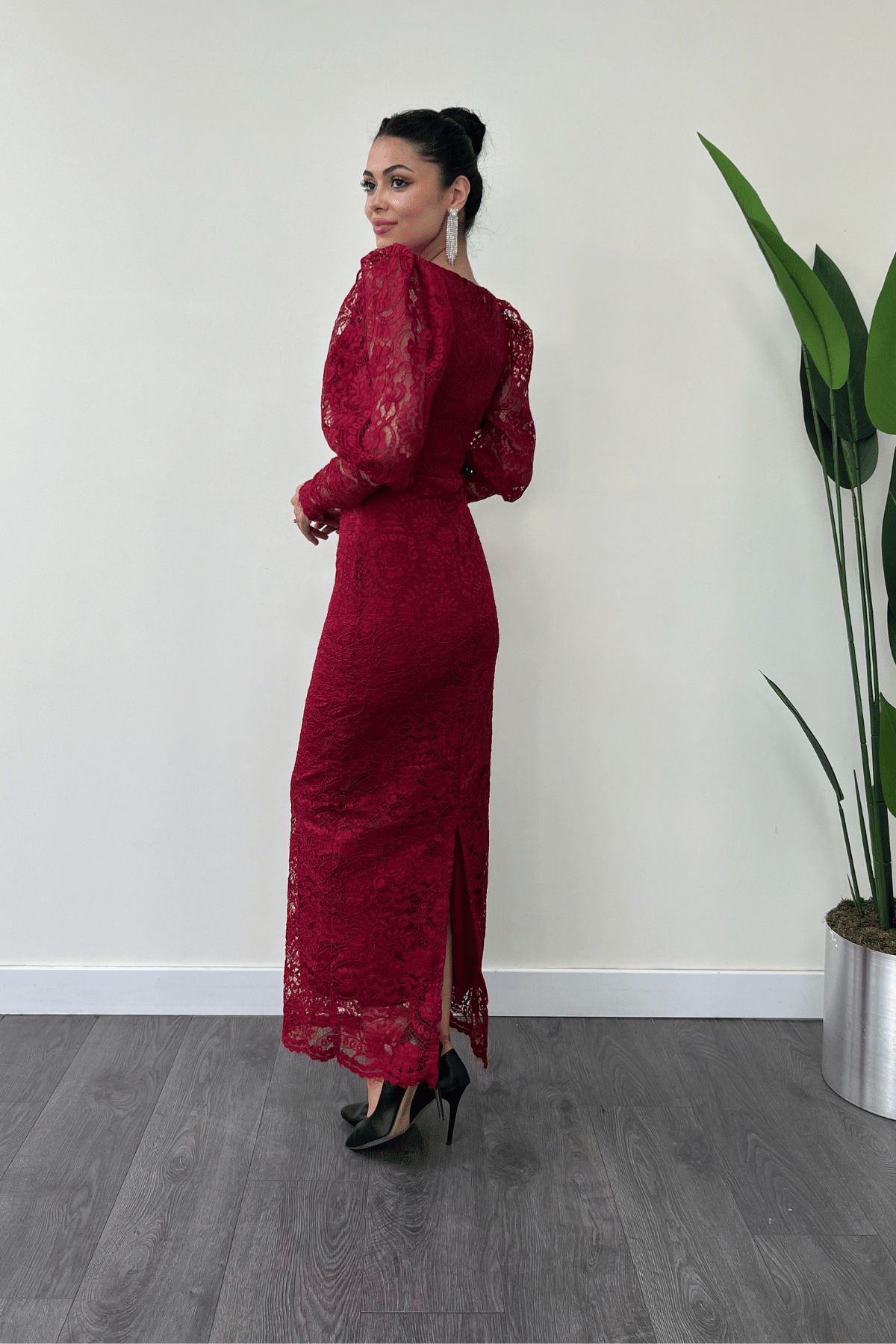 Güpür Dantel Kumaş Balon Kol Kalem Elbise - BORDO
