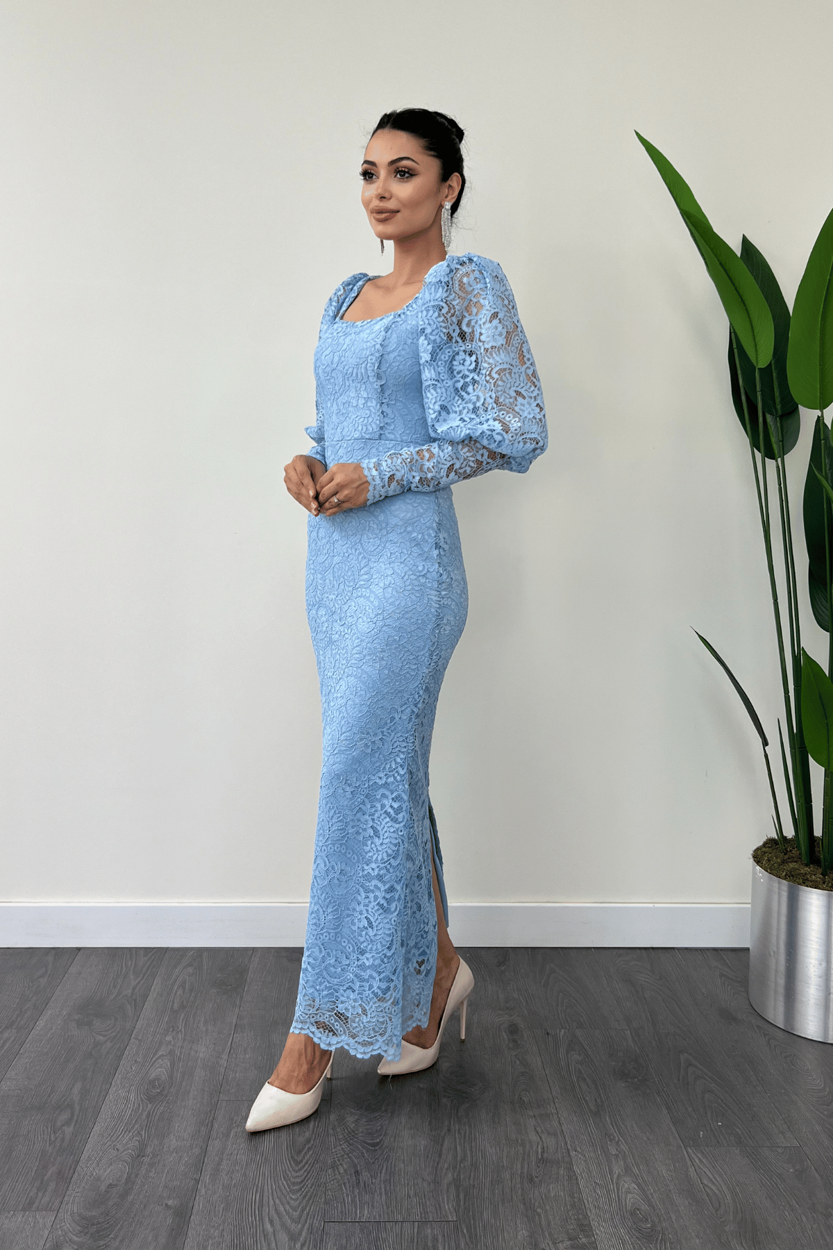 Güpür Dantel Kumaş Balon Kol Kalem Elbise - BUZ MAVİ