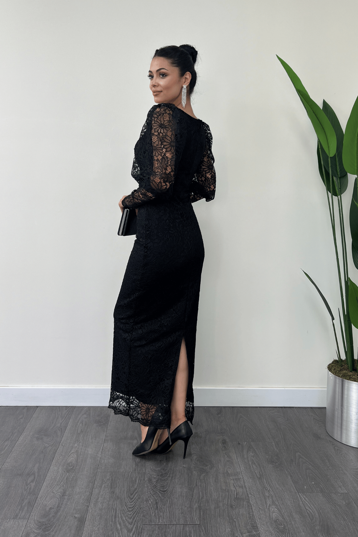 Güpür Dantel Kumaş Balon Kol Kalem Elbise - SİYAH