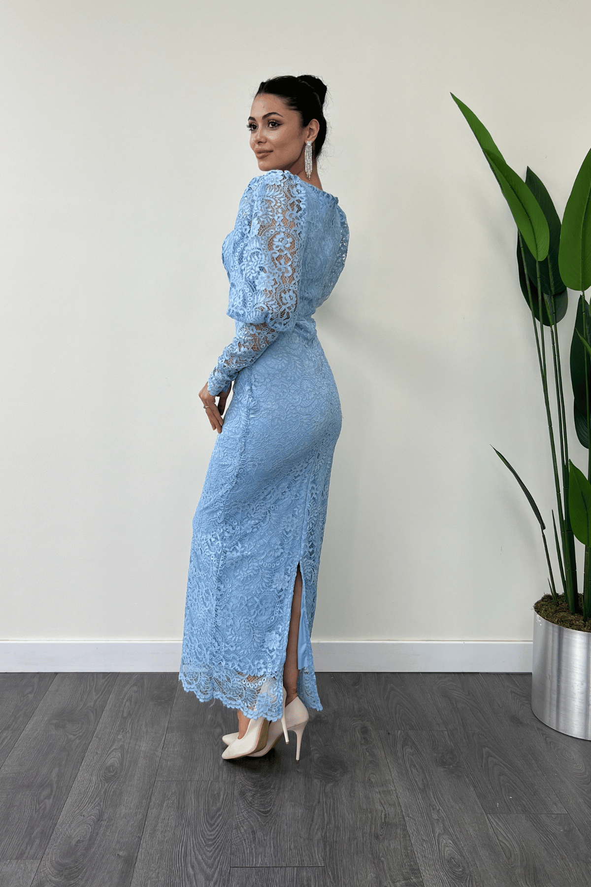 Güpür Dantel Kumaş Balon Kol Kalem Elbise - BUZ MAVİ