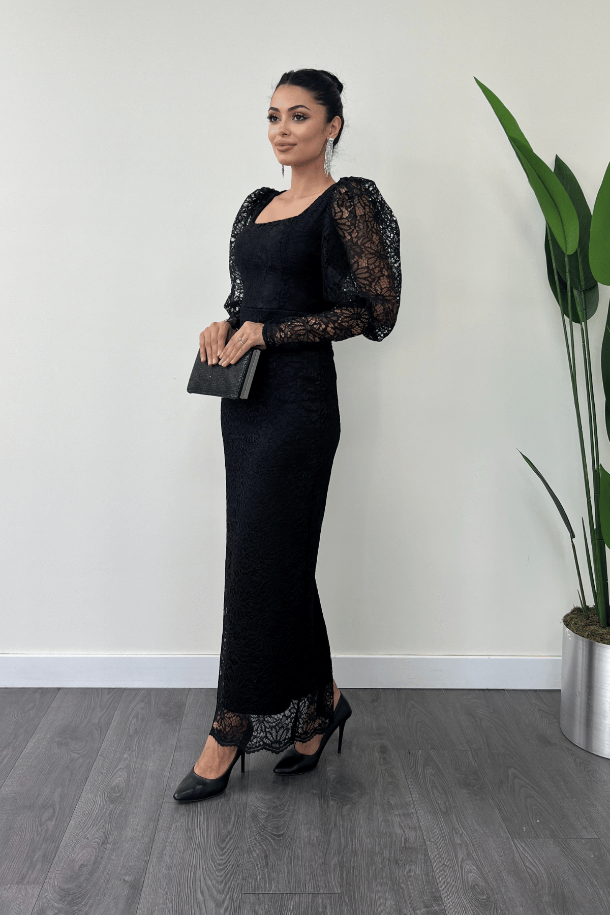 Güpür Dantel Kumaş Balon Kol Kalem Elbise - SİYAH