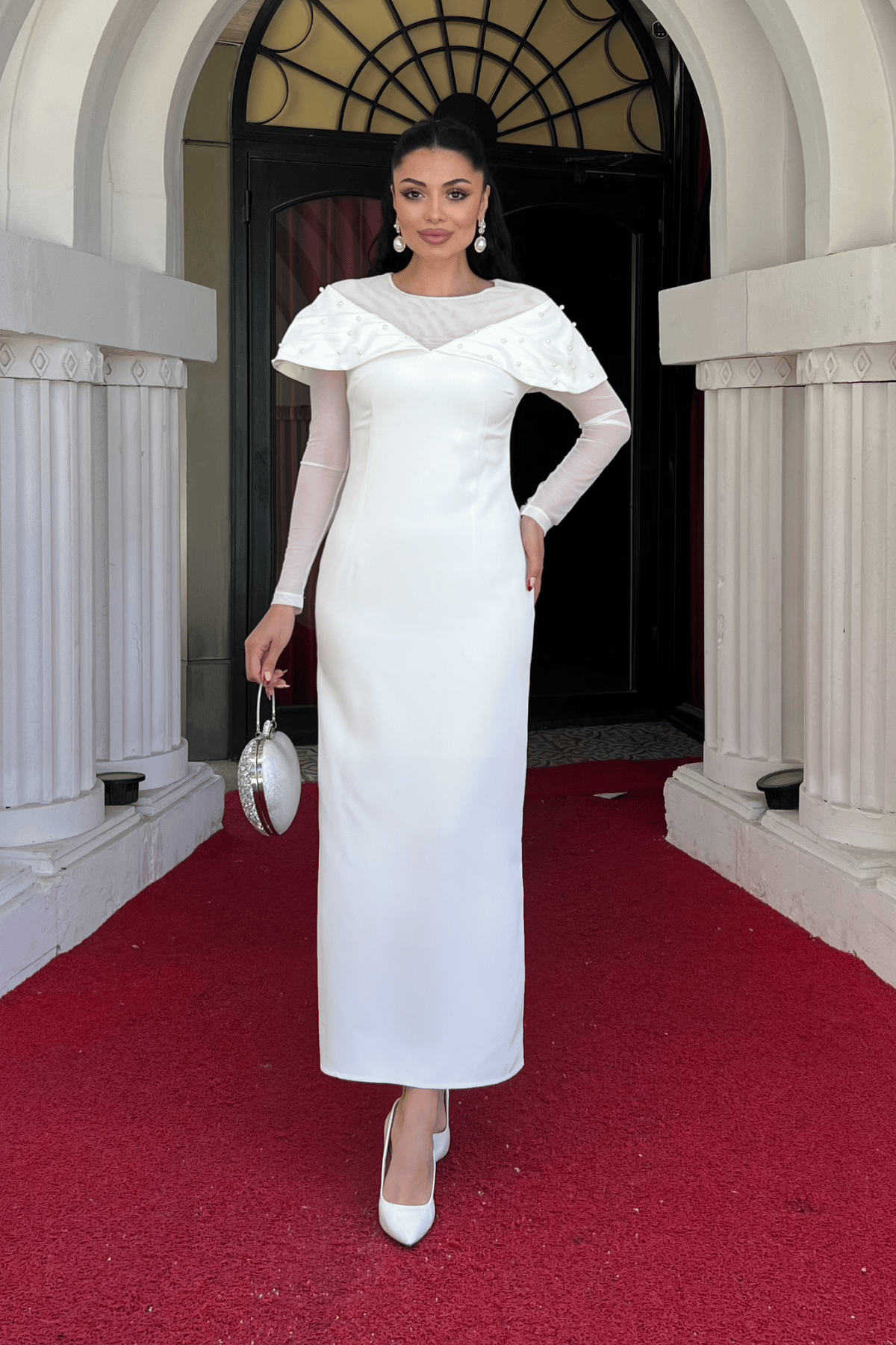 İnci Detaylı Kalem Elbise - BEYAZ