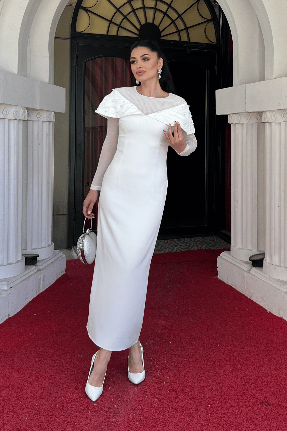 İnci Detaylı Kalem Elbise - BEYAZ