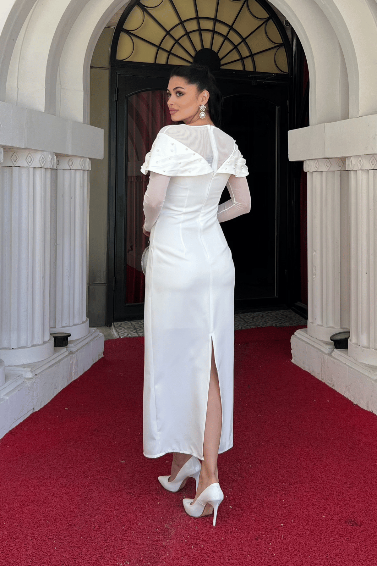 İnci Detaylı Kalem Elbise - BEYAZ