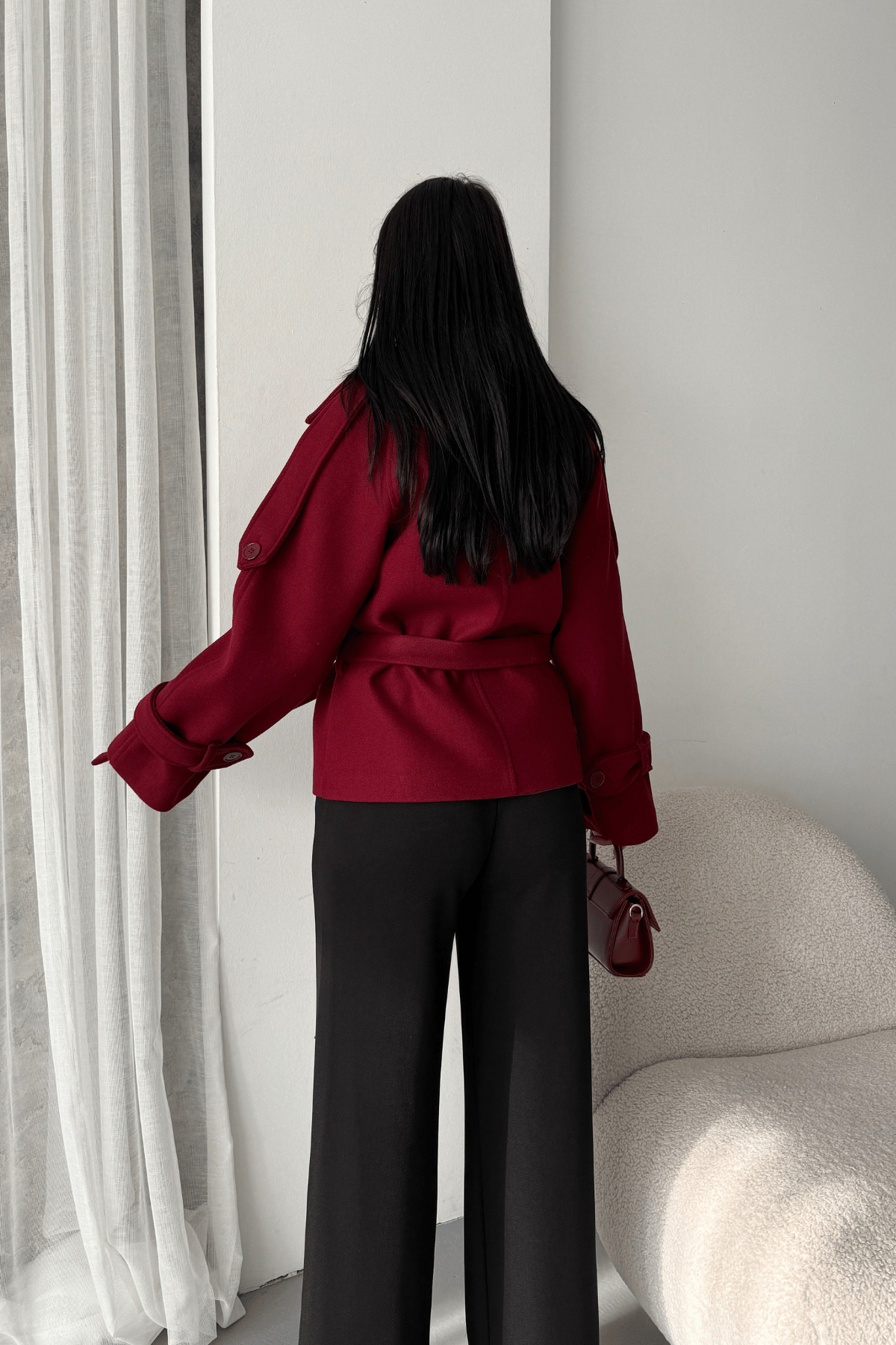 İthal Kaşe Kumaş Kısa Kaban - BORDO