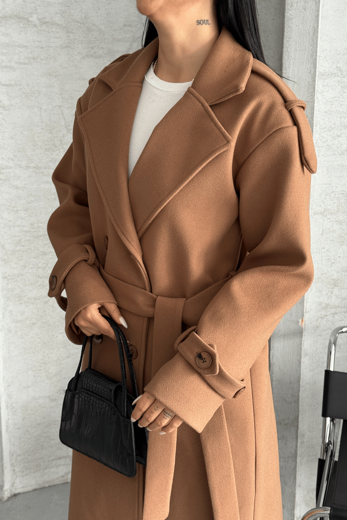 İthal Kaşe Kumaş Uzun Kaban - AÇIK KAHVE