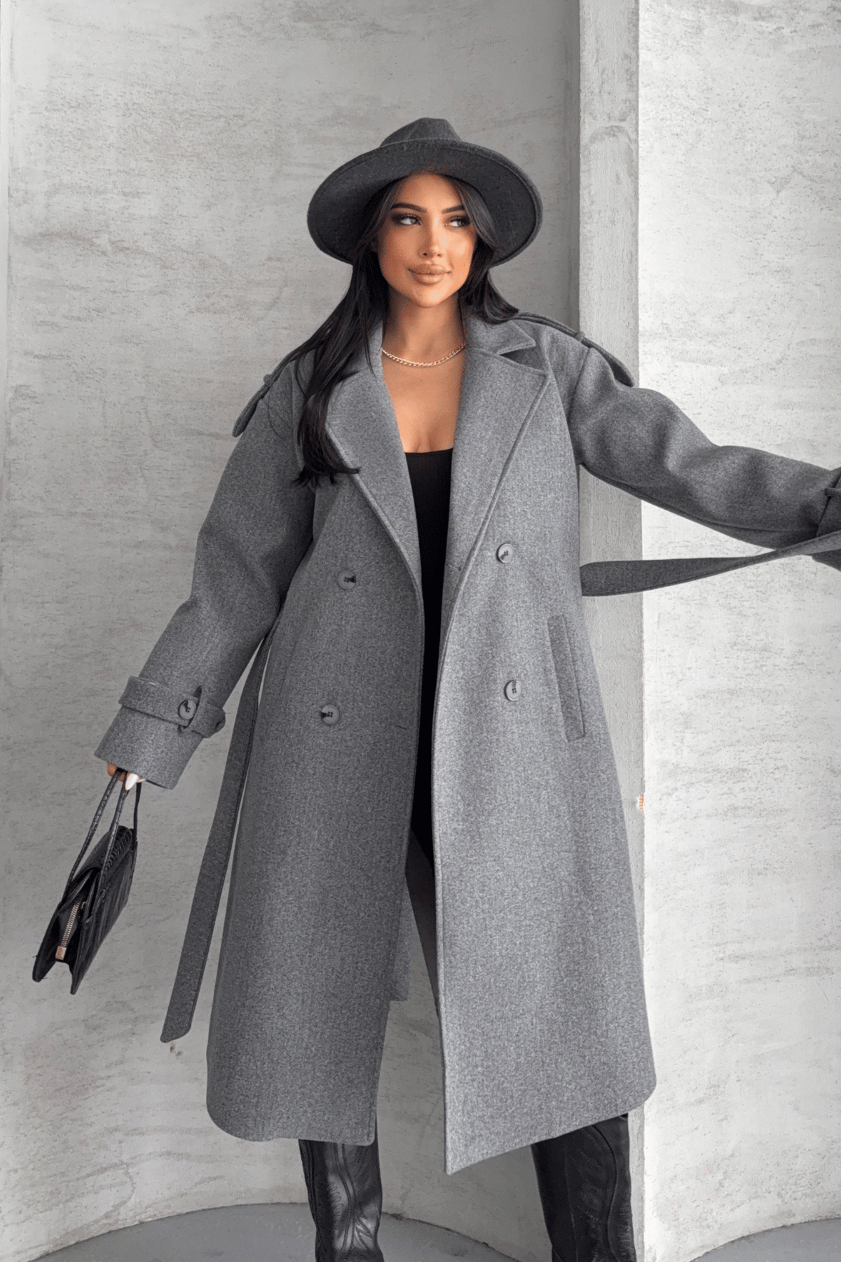 İthal Kaşe Kumaş Uzun Kaban - GRİ