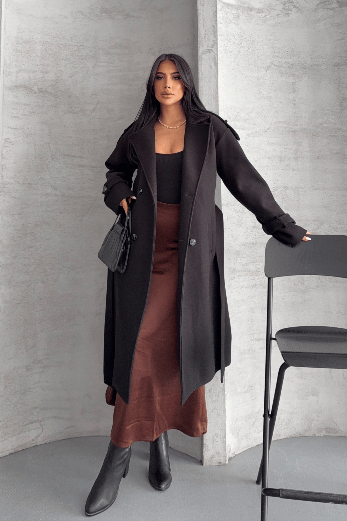 İthal Kaşe Kumaş Uzun Kaban - SİYAH