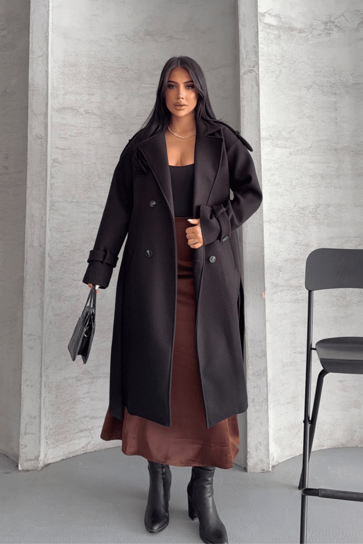 İthal Kaşe Kumaş Uzun Kaban - SİYAH