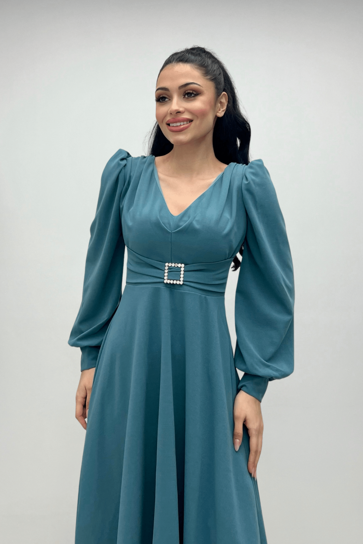 İthal Krep Kumaş Kemer Detaylı Midi Elbise - SU YEŞİLİ