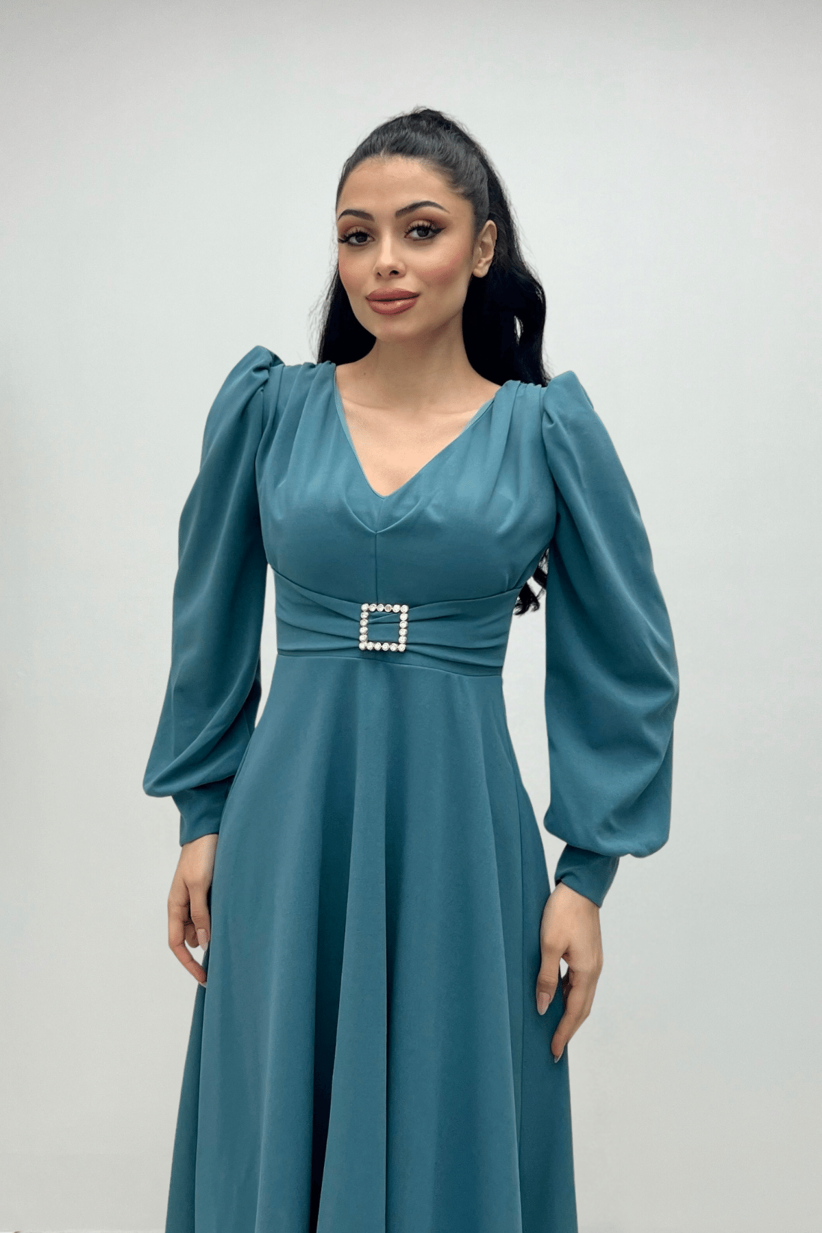 İthal Krep Kumaş Kemer Detaylı Midi Elbise - SU YEŞİLİ