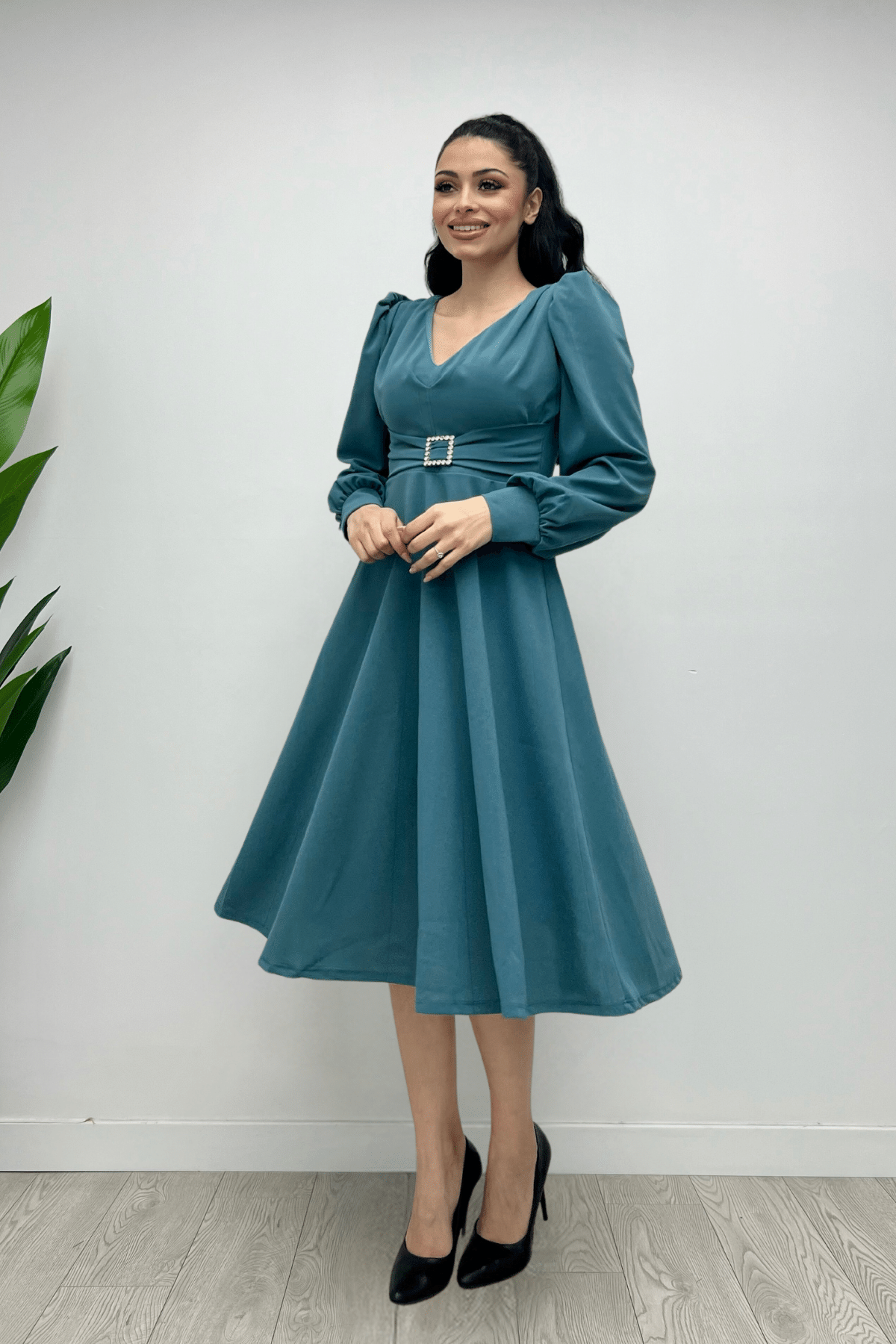 İthal Krep Kumaş Kemer Detaylı Midi Elbise - SU YEŞİLİ