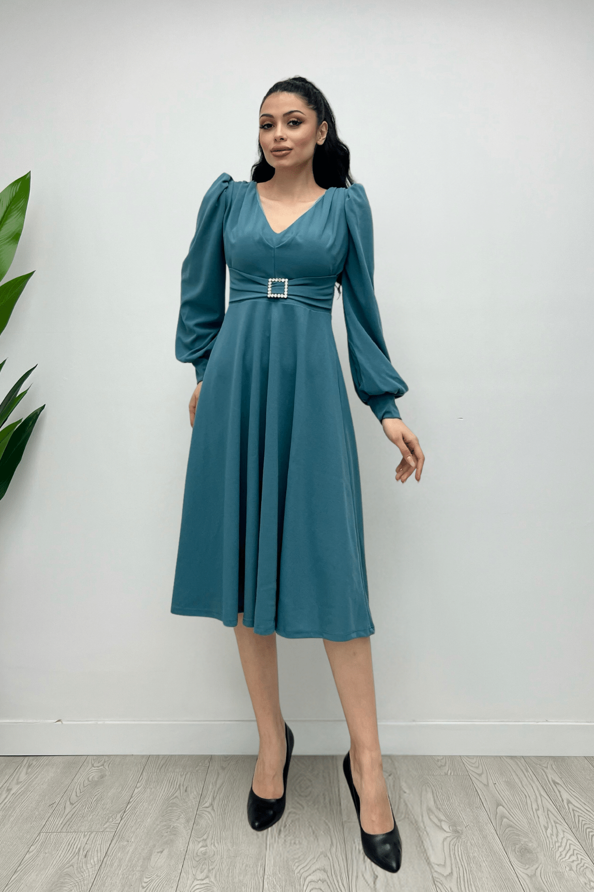 İthal Krep Kumaş Kemer Detaylı Midi Elbise - SU YEŞİLİ