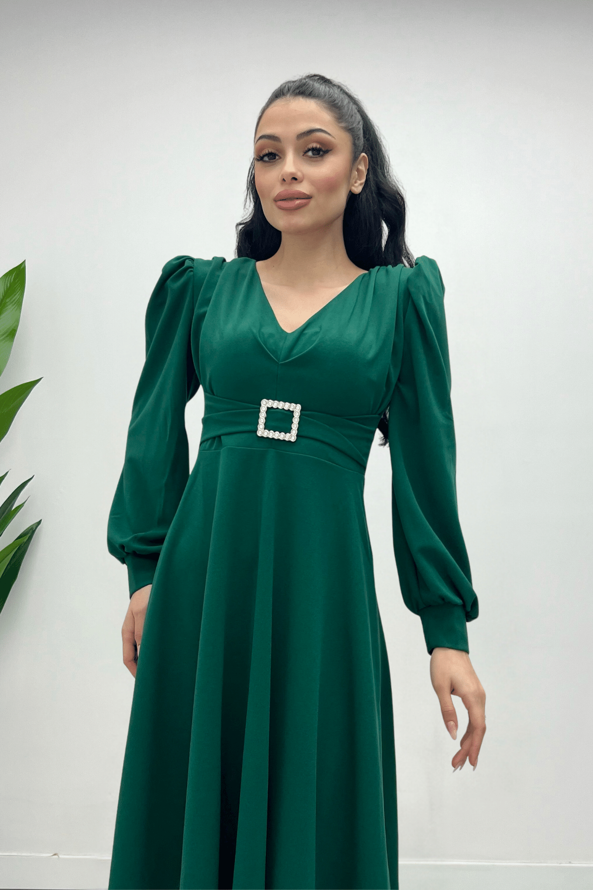 İthal Krep Kumaş Kemer Detaylı Midi Elbise - ZÜMRÜT YEŞİL