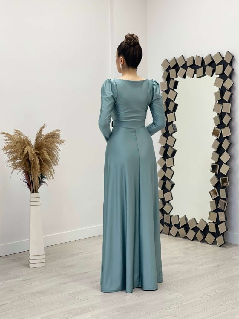 İthal Krep Saten Kumaş Kare Yaka Kiloş Elbise - MİNT YEŞİL