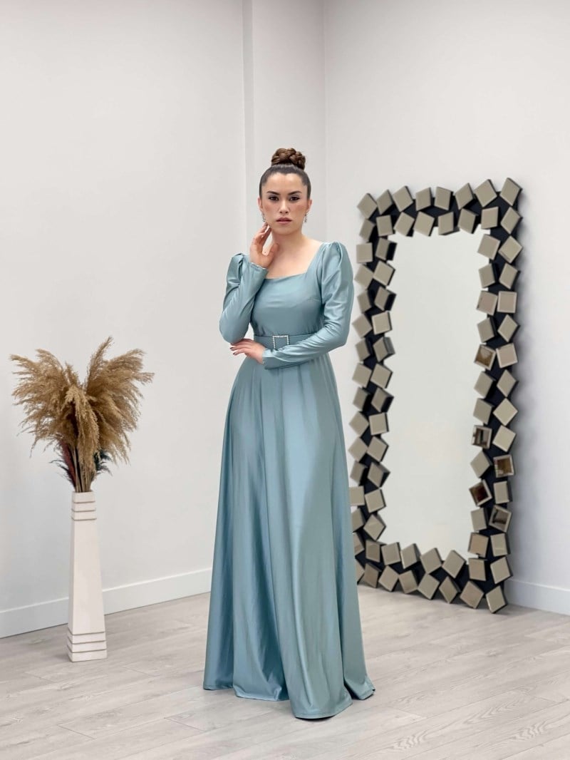 İthal Krep Saten Kumaş Kare Yaka Kiloş Elbise - MİNT YEŞİL