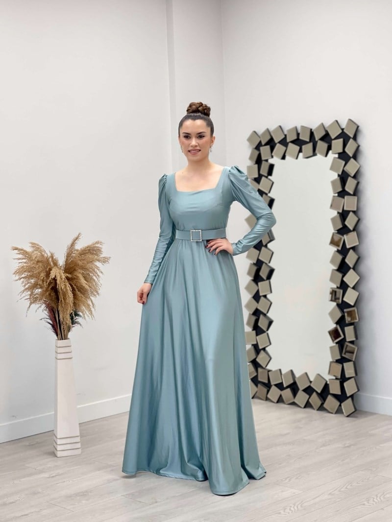 İthal Krep Saten Kumaş Kare Yaka Kiloş Elbise - MİNT YEŞİL