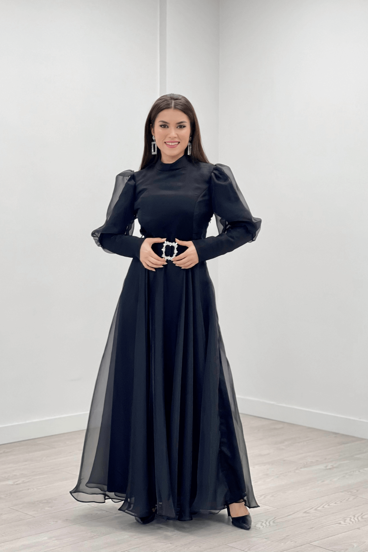 İthal Organze Krep Kumaş Abiye Elbise - SİYAH