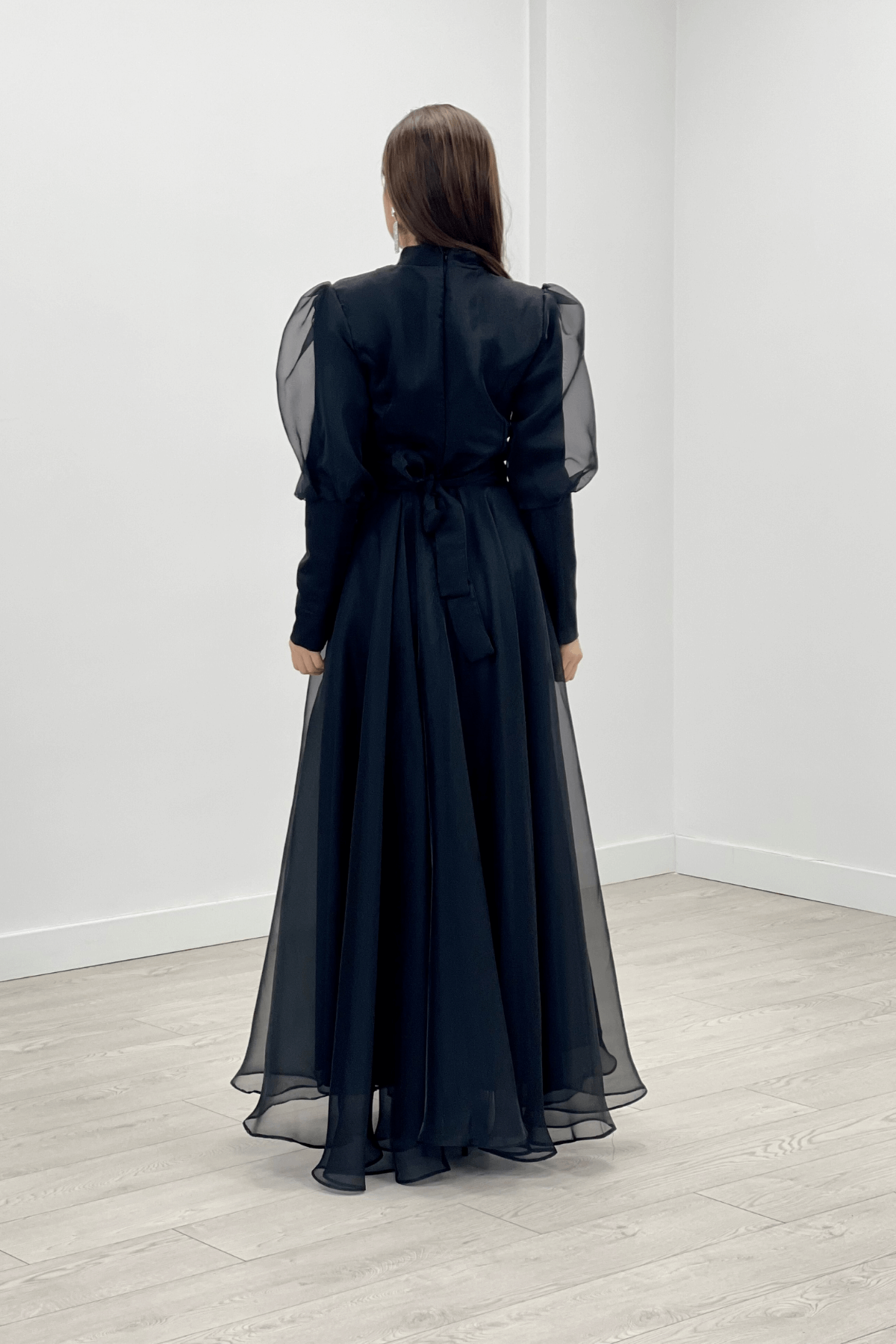 İthal Organze Krep Kumaş Abiye Elbise - SİYAH