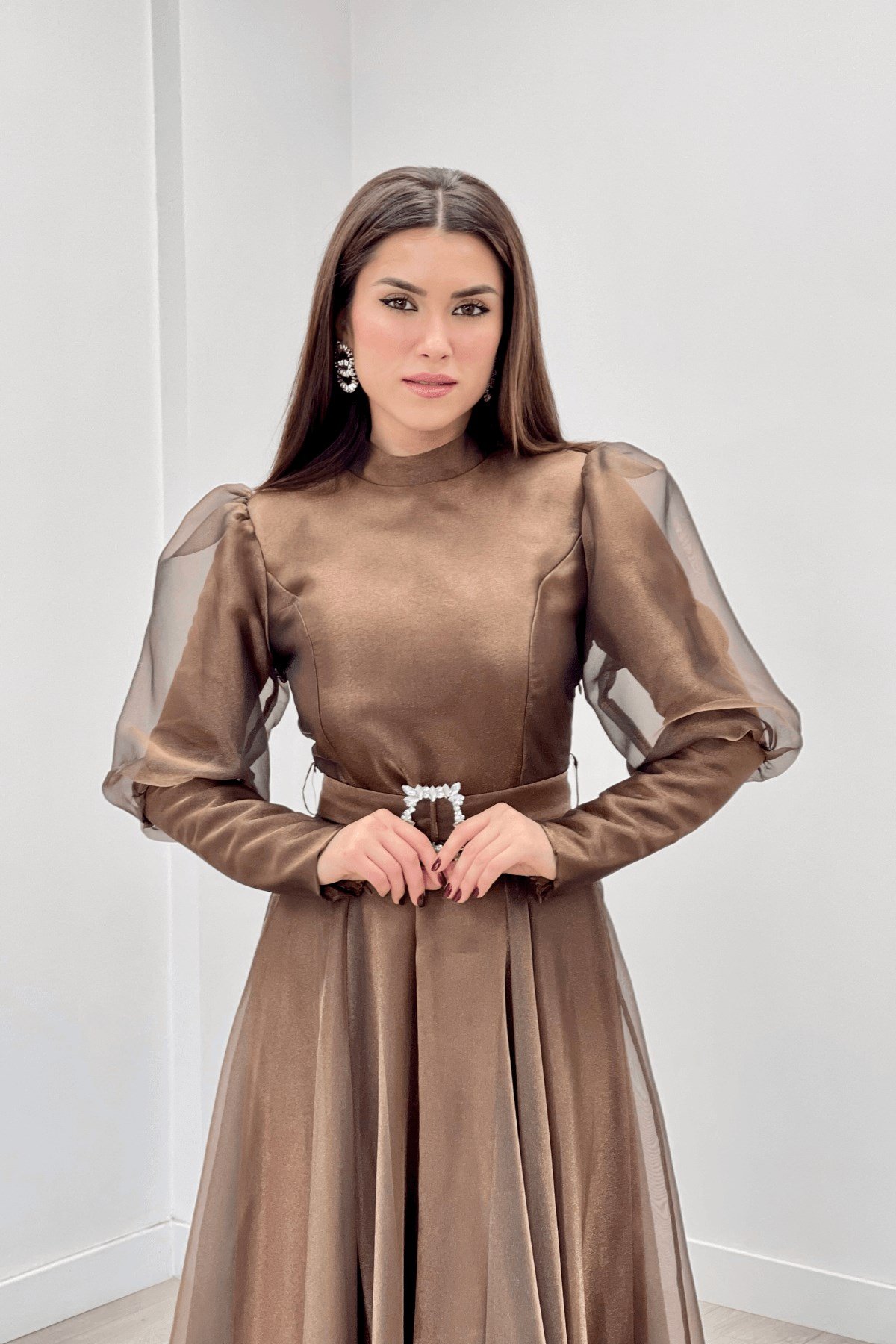 İthal Organze Krep Kumaş Abiye Elbise - KAHVERENGİ