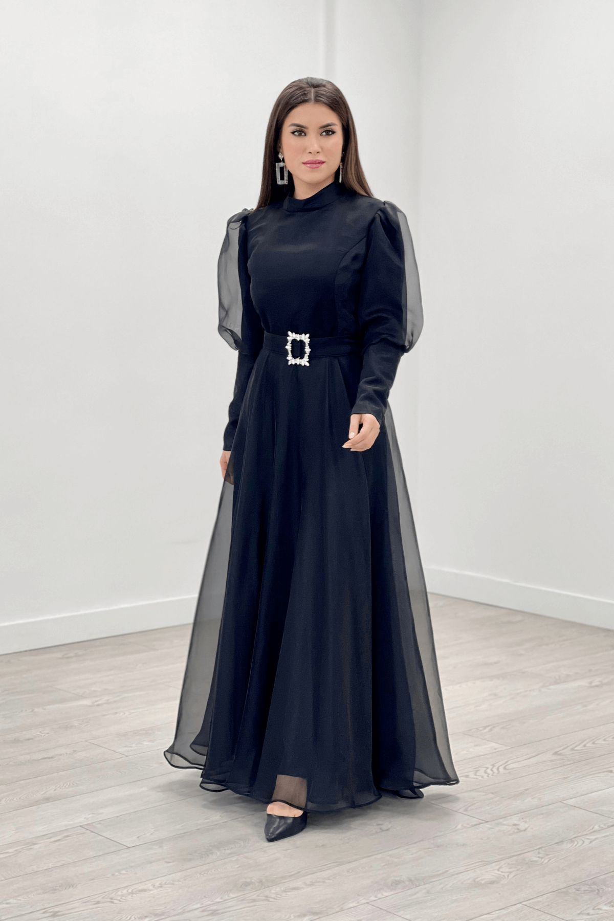 İthal Organze Krep Kumaş Abiye Elbise - SİYAH