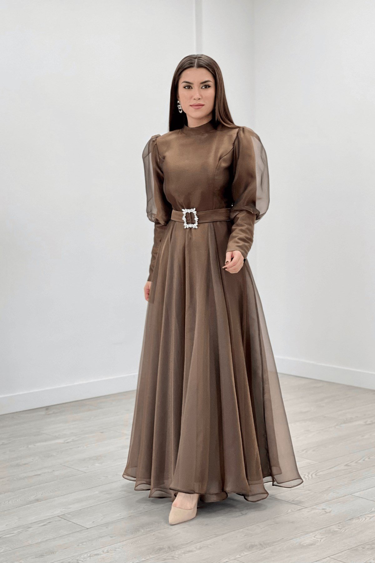 İthal Organze Krep Kumaş Abiye Elbise - KAHVERENGİ