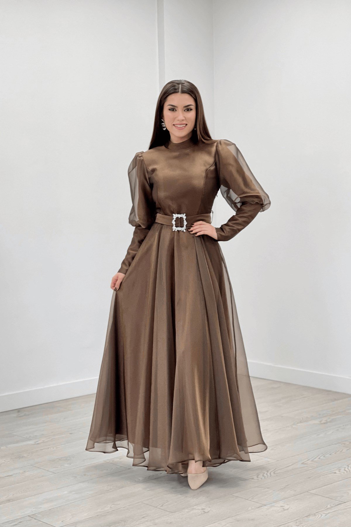 İthal Organze Krep Kumaş Abiye Elbise - KAHVERENGİ