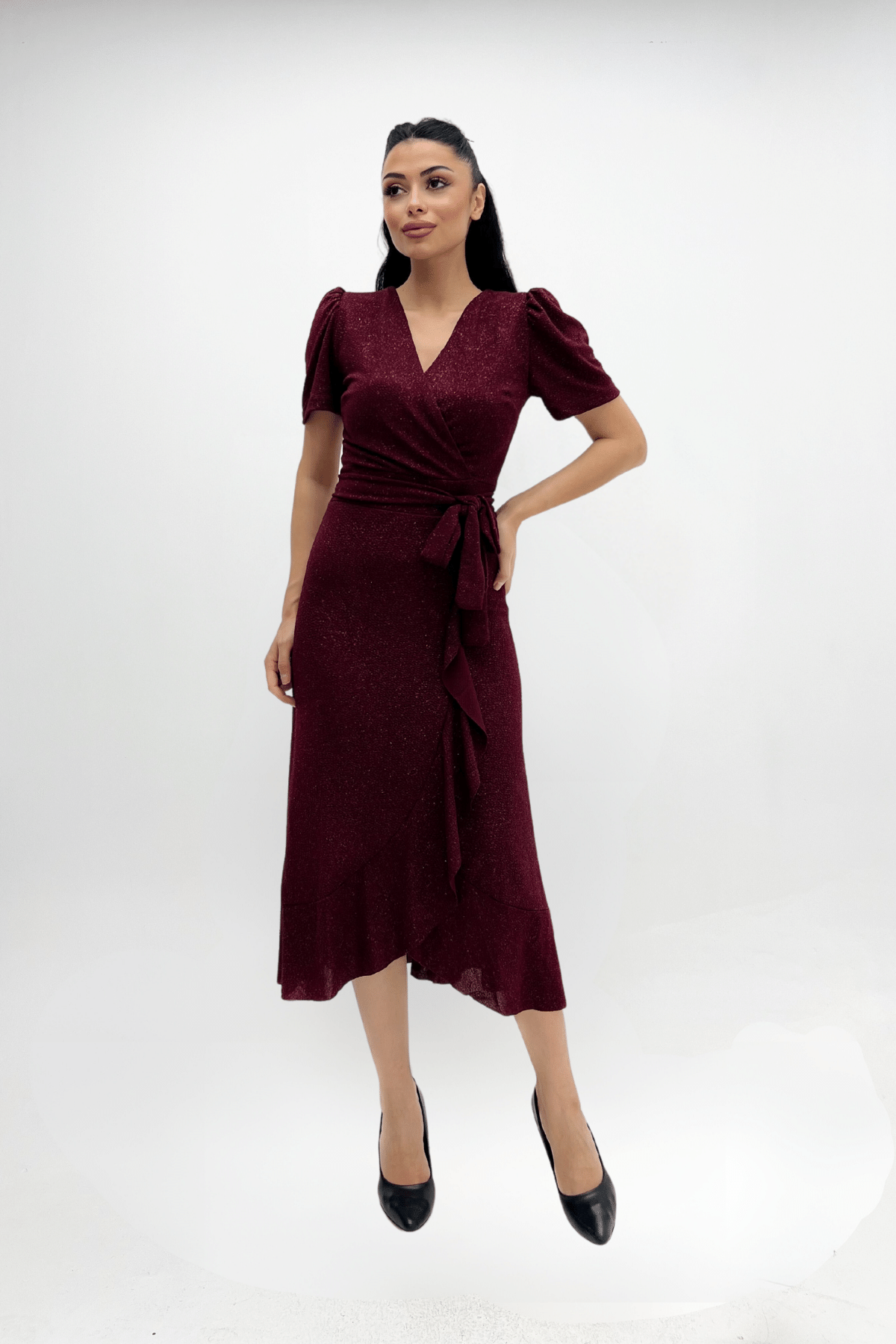 Imported Silvery Fabric Sash Detailed Midi Length Dress - Claret Red