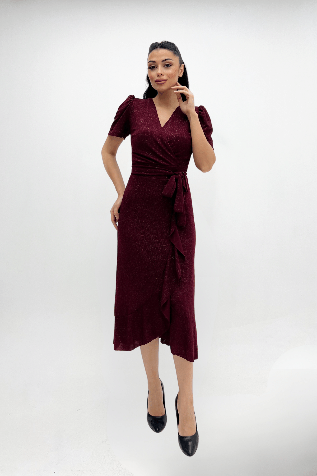 Imported Silvery Fabric Sash Detailed Midi Length Dress - Claret Red
