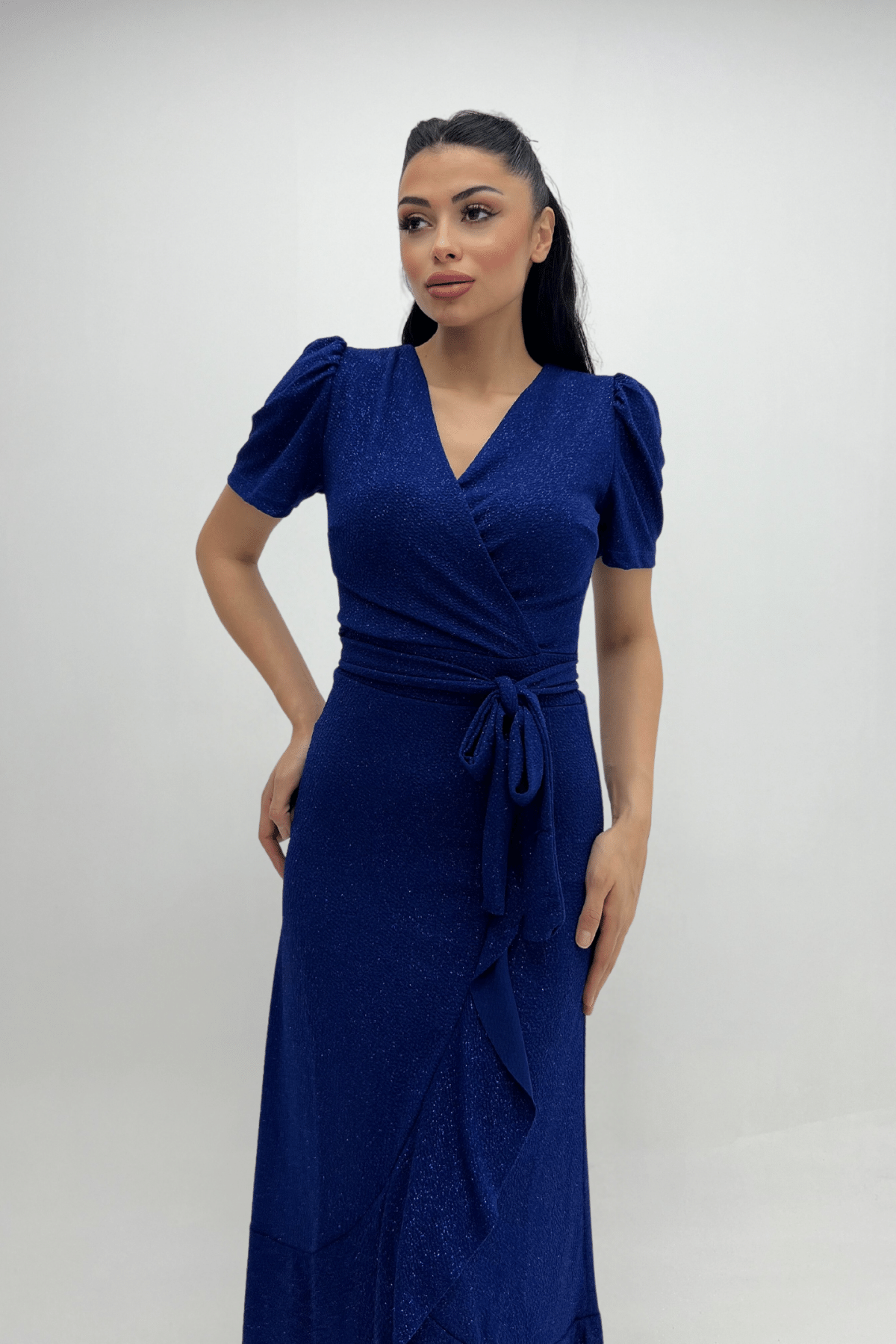 Imported Silvery Fabric Sash Detailed Midi Length Dress - Sax Blue
