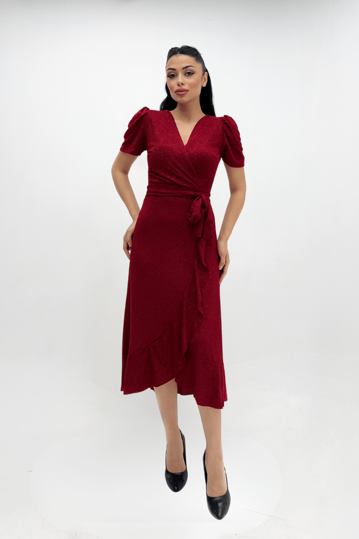 Imported Silvery Fabric Sash Detailed Midi Length Dress - Red
