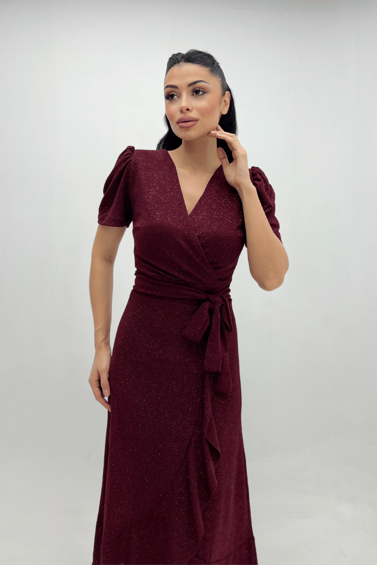 Imported Silvery Fabric Sash Detailed Midi Length Dress - Claret Red