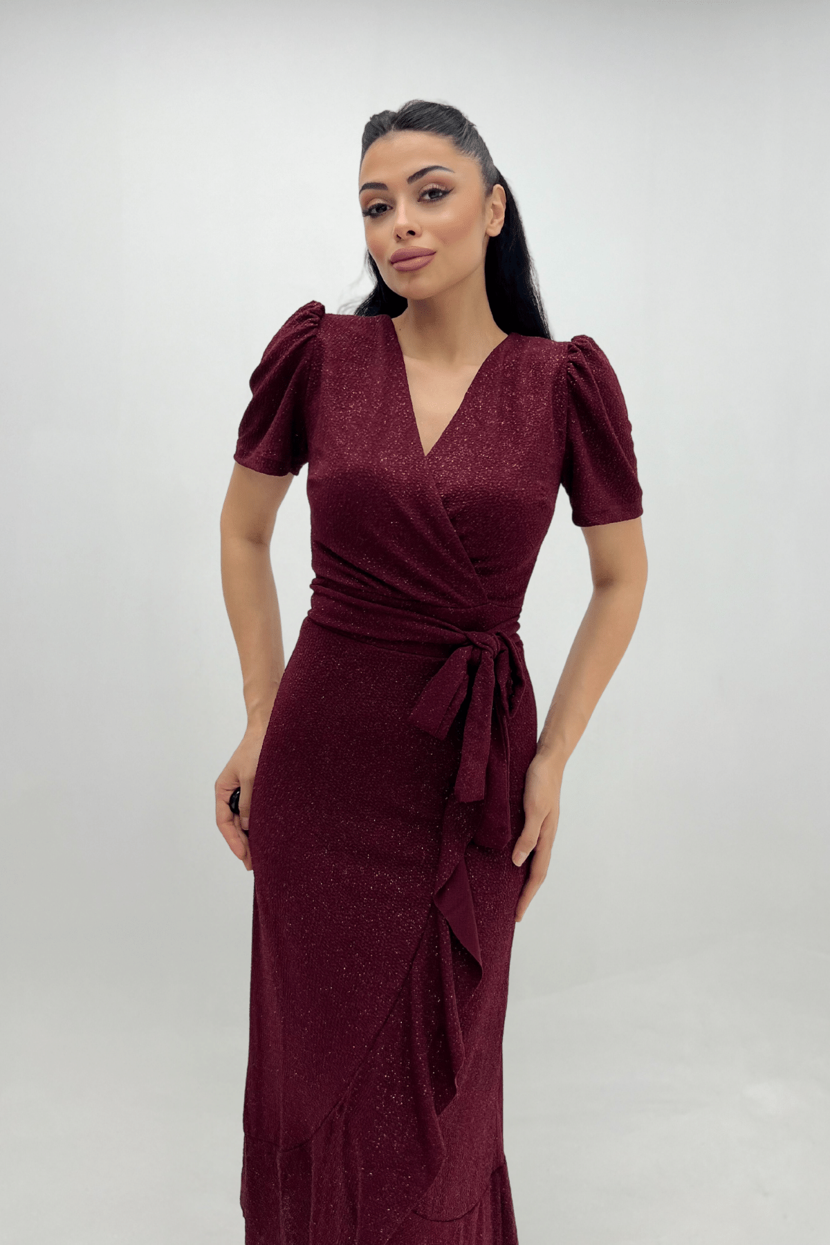 Imported Silvery Fabric Sash Detailed Midi Length Dress - Claret Red