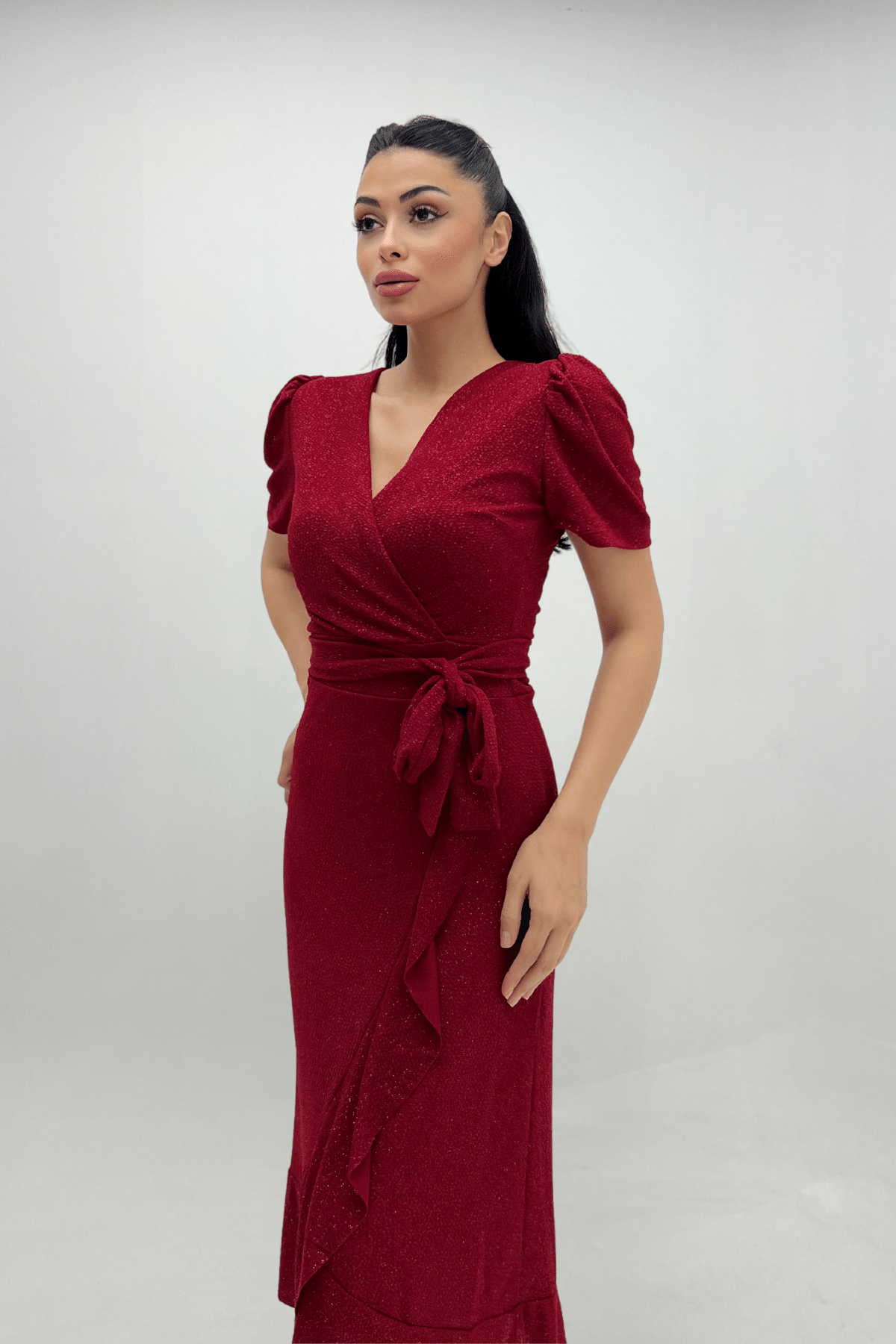 Imported Silvery Fabric Sash Detailed Midi Length Dress - Red