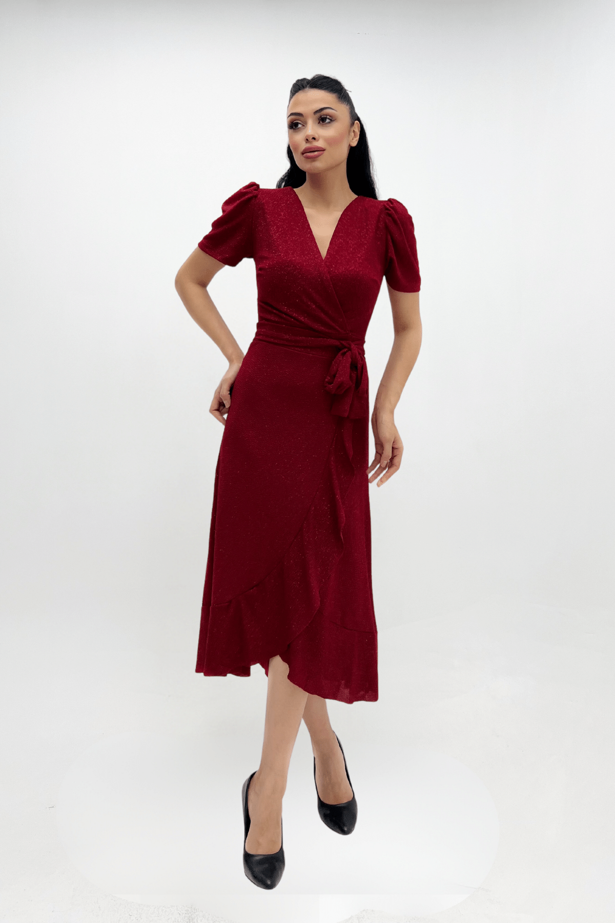 Imported Silvery Fabric Sash Detailed Midi Length Dress - Red