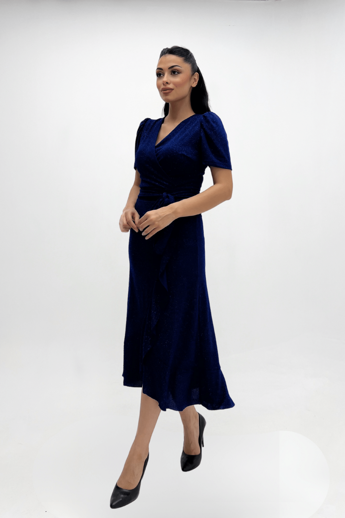 Imported Silvery Fabric Sash Detailed Midi Length Dress - Sax Blue