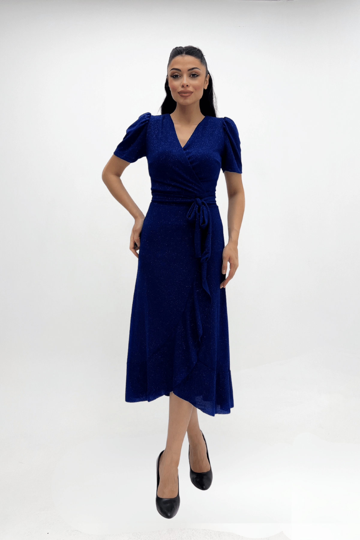 Imported Silvery Fabric Sash Detailed Midi Length Dress - Sax Blue