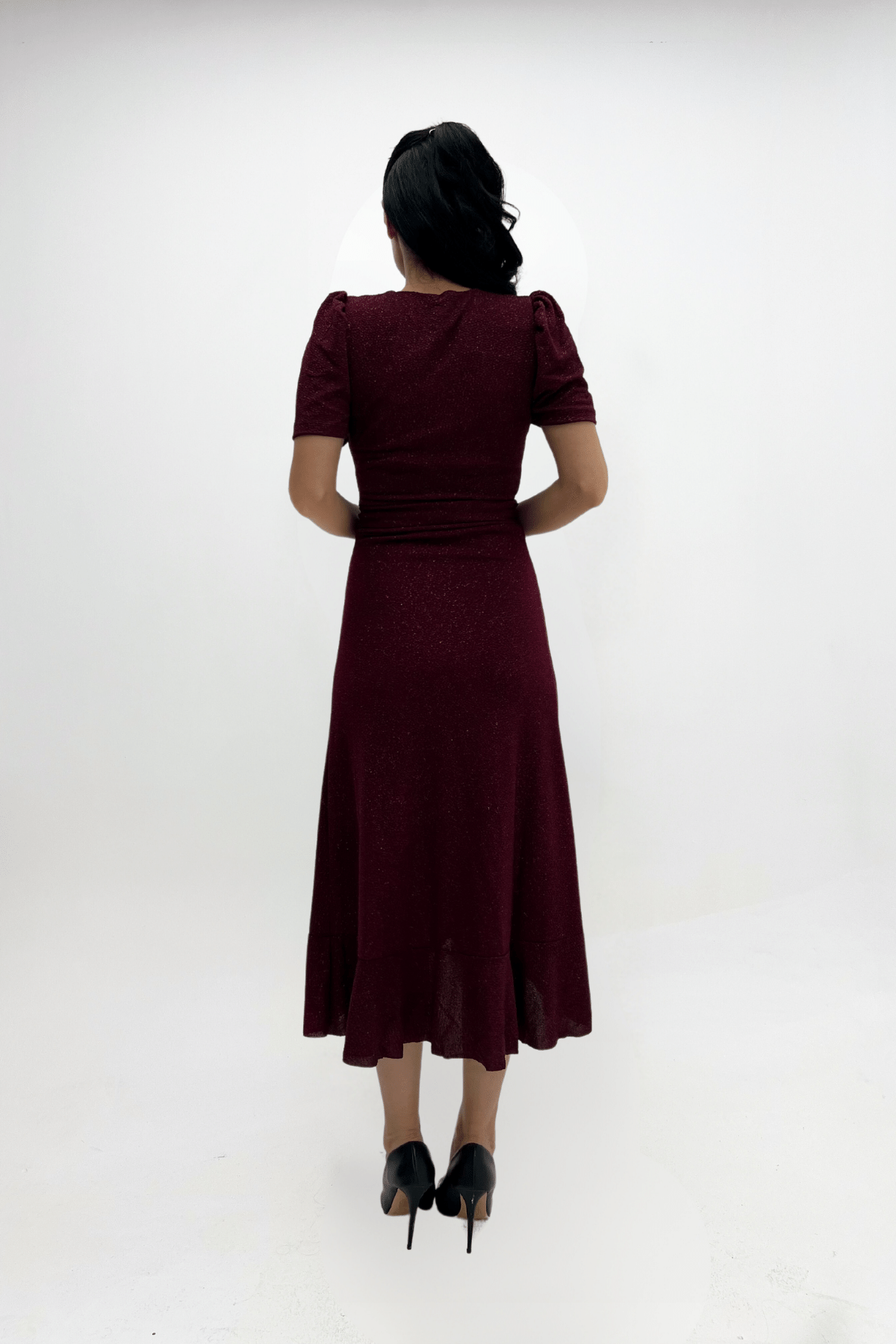 Imported Silvery Fabric Sash Detailed Midi Length Dress - Claret Red