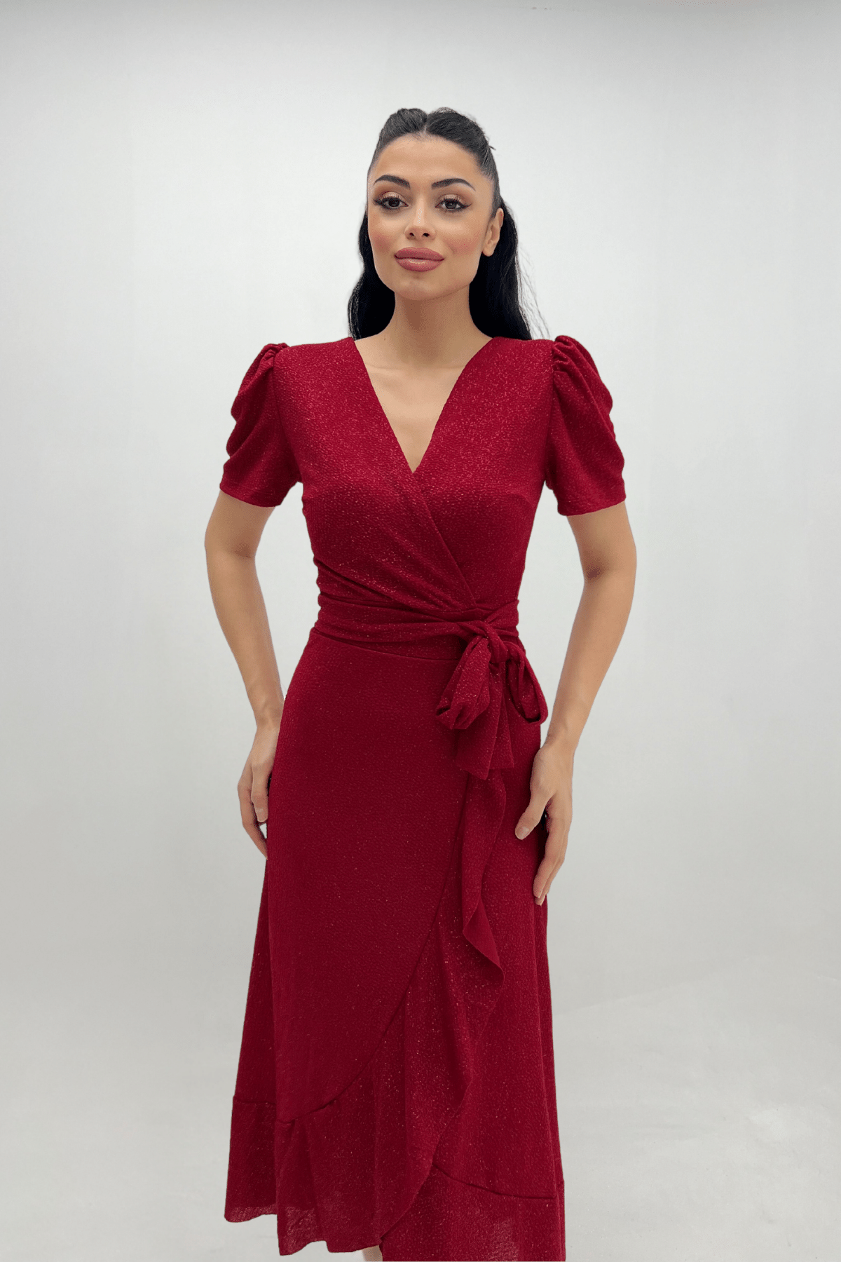 Imported Silvery Fabric Sash Detailed Midi Length Dress - Red