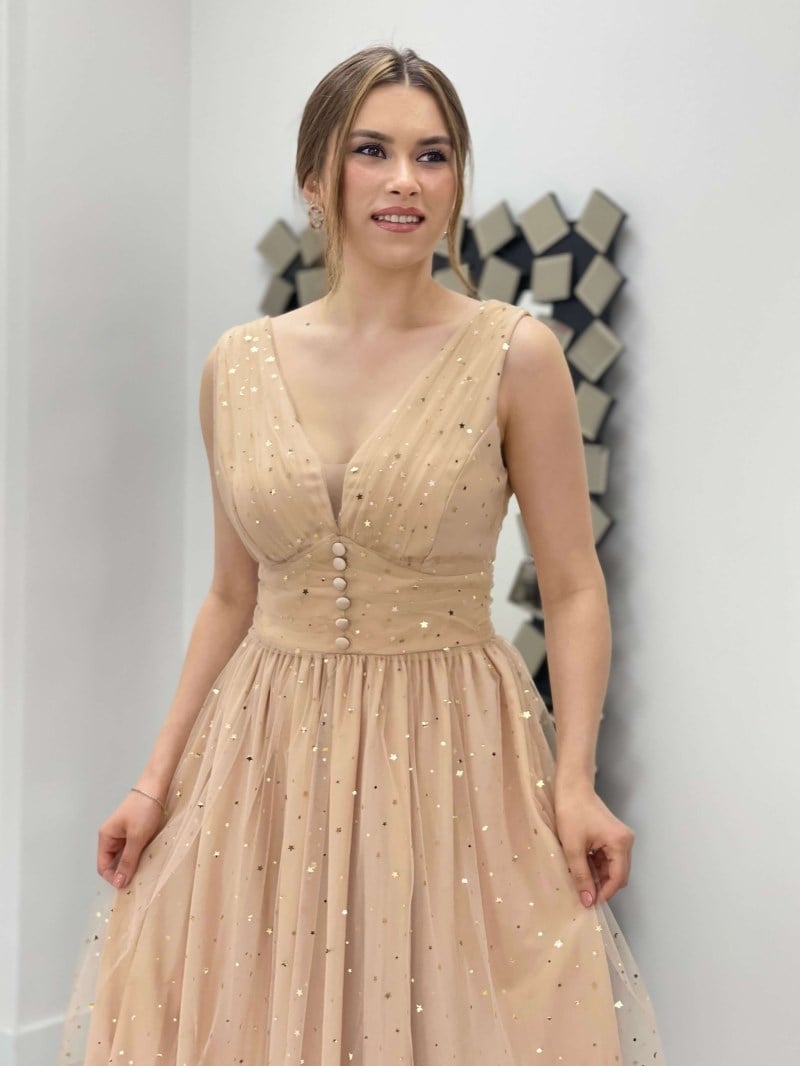 İthal Tül Üzeri Yıldız Detaylı V Yaka Midi Elbise - GOLD